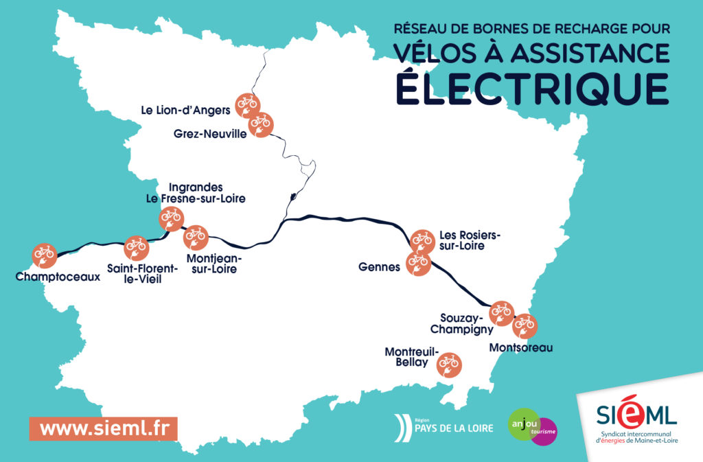 Carte de localisation des bornes pour recharger son vélo électrique sur les circuit touristique de l'Anjou.